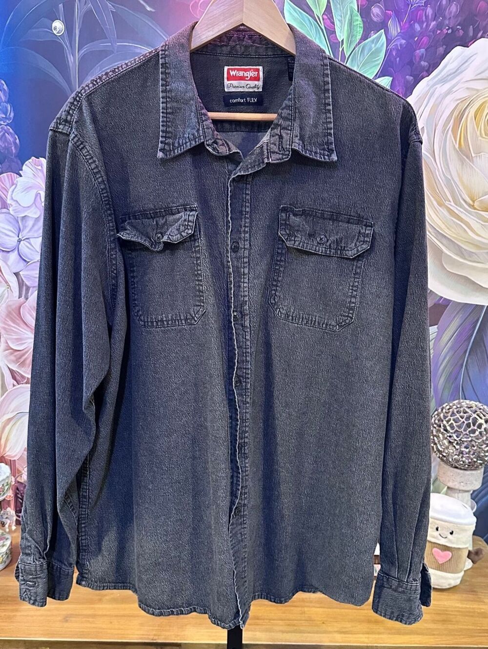 Wrangler 2XL Men’s Stretch Denim Shirt Western Cowboy Grunge Y2K Workwear Black